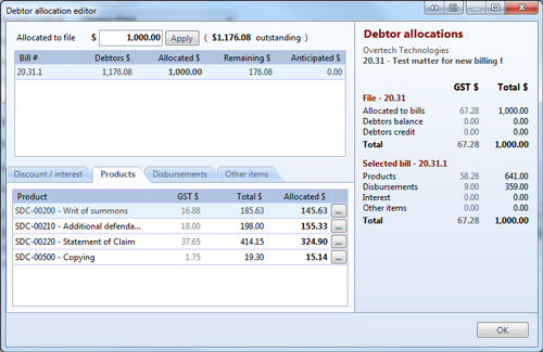 Receipt allocation screen